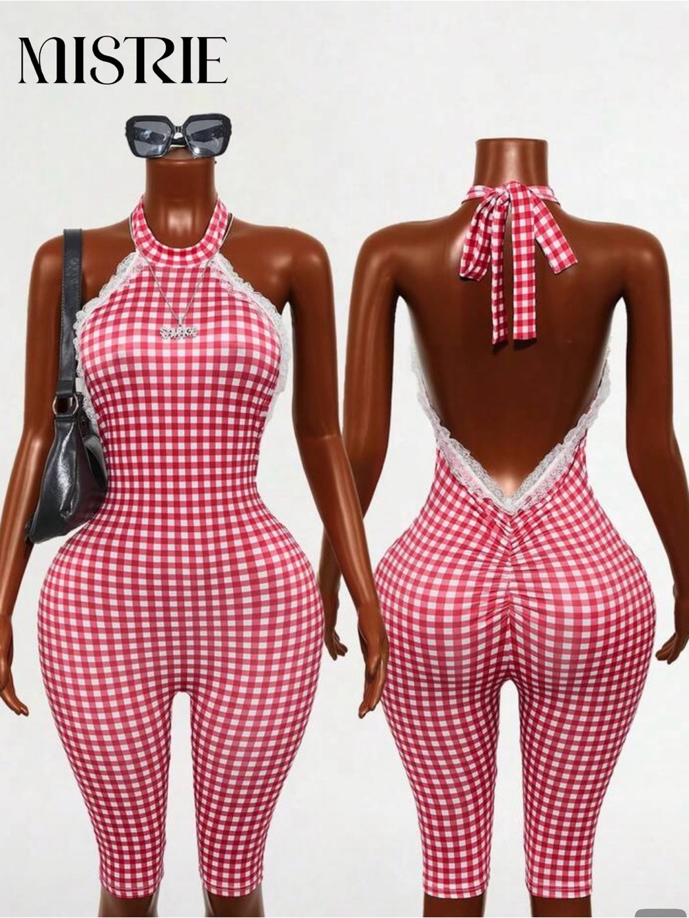 SHEIN Red & White Gingham Halter Lace-Trim Jumpsuit